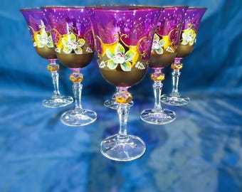 Czech wine blue glasses decorated with gold and enamel 6pcs. II