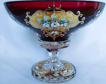 Hand Cut Czech Bohemian Glass Red Bowl decorated gold an enamel 1pcs.