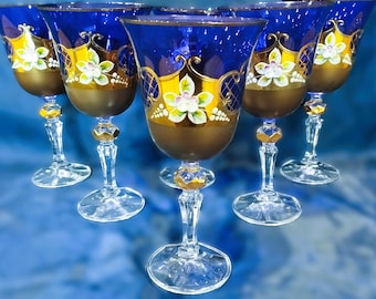 Czech wine blue glasses decorated with gold and enamel 6pcs. II