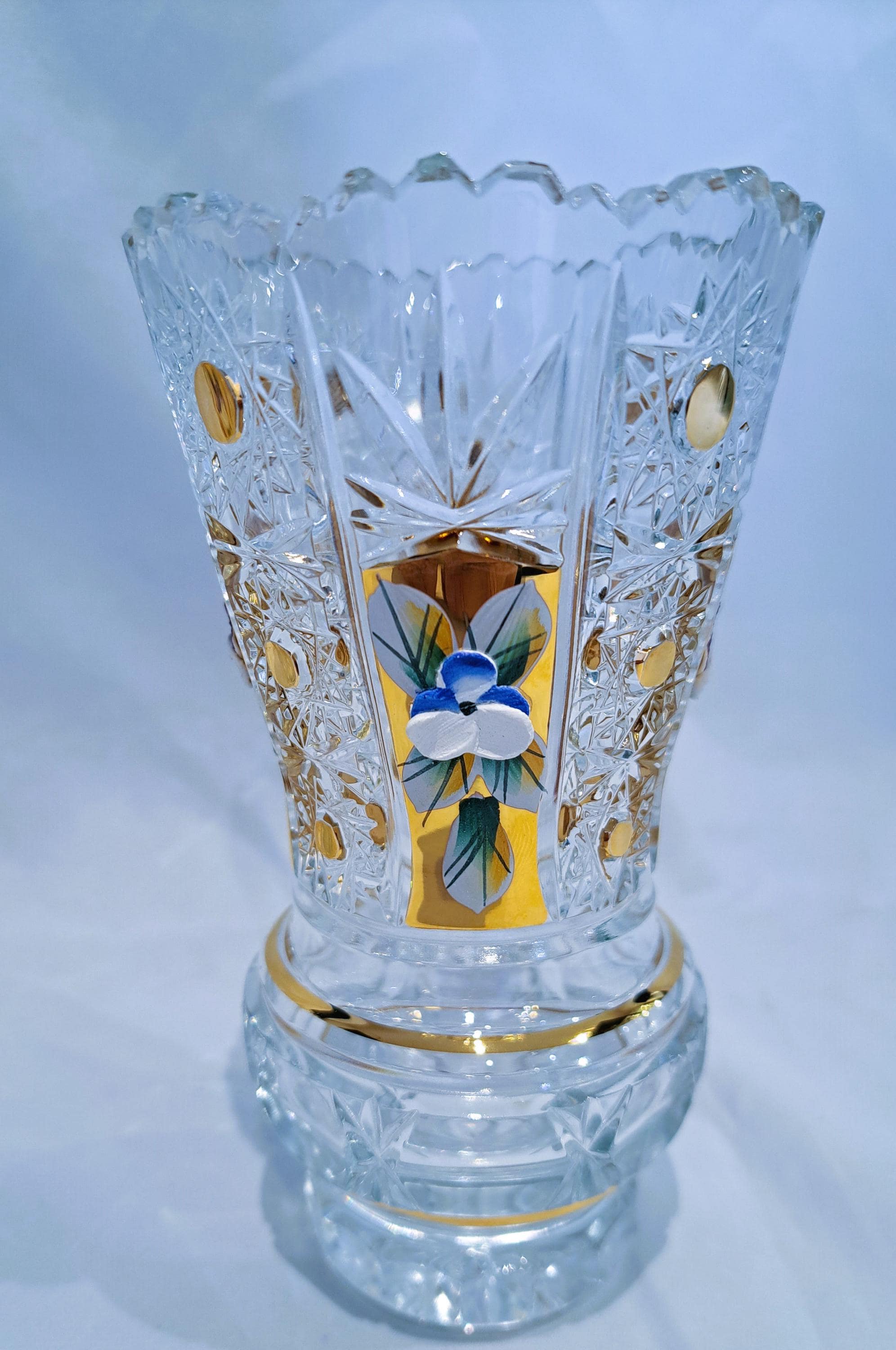 チェコボヘミアクリスタルガラス - 花瓶 15 cm 金彩とエナメル装飾