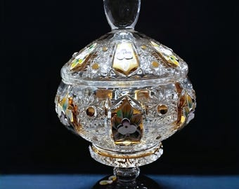 Böhmische dekorative geschliffene Glaskristall Dosa 24 cm verziert Gold, Emaille