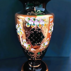 Bohemia green glass vase 31 cm decorated enamel and gold, 1 pcs