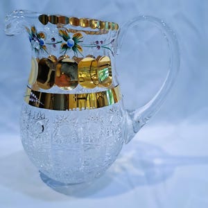 Czech decorative cut glass crystal pitcher 26 cm decorated gold, enamel II.