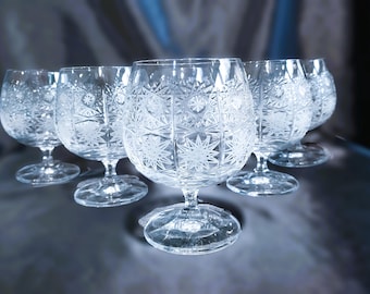 Czech bohemia cut glass - Brandy, cognac glasses 10cm 6pcs