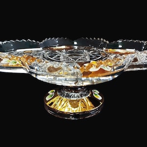 Czech bohemia crystal glass -  cut tray 24cm decorated gold and smalt