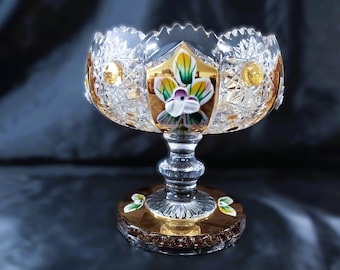 Hand-Cut Crystal Bowl: Bohemian Glass with Gold Enamel (16 cm)