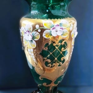 Bohemia green glass vase 18 cm decorated enamel and gold, 1 pcs