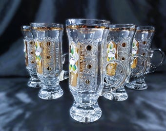 Czech crystal cut tea, coffee cups 6pcs decorated gold and enamel II.
