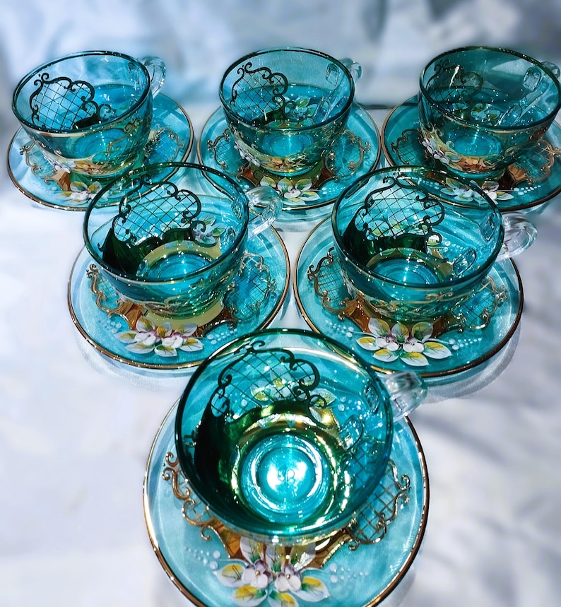 Bohemian Blue Glass Tea Set: Gold Enamel Cups and Plates, 12-piece - Etsy