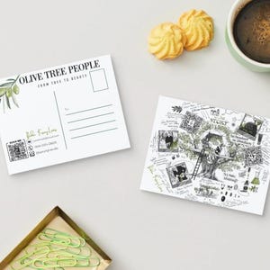 May include: Two postcards with the text "OLIVE TREE PEOPLE FROM TREE TO BEAUTY" and a detailed illustration. One postcard has contact information and a QR code. The other has a tree illustration with the word "STORY". A cup of coffee and cookies are also visible.