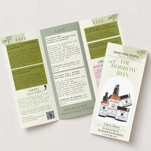 May include: An overhead shot of skincare product brochures and a product box. The brochures are tri-fold and feature text about the products. The product box is labeled "The Borrow Box" and displays several skincare bottles and jars.