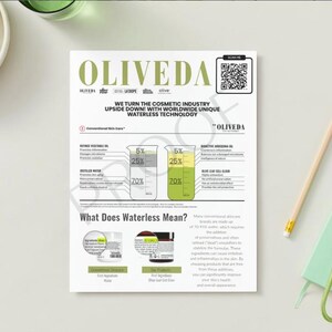 Puede incluir: Una hoja informativa impresa en blanco con el nombre de la marca "OLIVEDA" en letras verdes grandes. La hoja incluye diagramas, texto y un código QR. También se ven un lápiz, llaves y uvas.