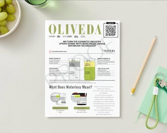 Könnte beinhalten: Ein weißes, bedrucktes Informationsblatt mit dem Markennamen "OLIVEDA" in großen grünen Buchstaben. Das Blatt enthält Diagramme, Text und einen QR-Code. Ein Bleistift, Schlüssel und Trauben sind ebenfalls sichtbar.