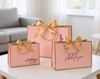 Personalized Pink Wedding Gift Bags, Bridesmaid gifts bag, Ribbon Tie Party Favor,Custom Name Holiday Present Sack for Festive Gifts