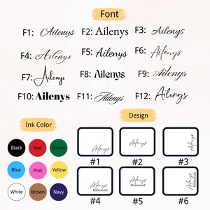 May include: A graphic showcasing font styles and ink color options. The word "Ailenys" is displayed in various fonts, with color swatches for black, red, green, blue, pink, yellow, white, brown, and navy. Designs are also shown.
