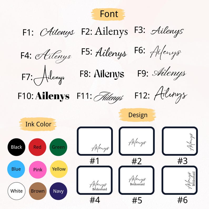 May include: A graphic showcasing font styles and ink color options. The word "Ailenys" is displayed in various fonts, with color swatches for black, red, green, blue, pink, yellow, white, brown, and navy. Designs are also shown.