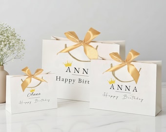 Bolsas de regalo de cumpleaños blancas personalizadas, regalo de fiesta con lazo de cinta, bolsa de regalo de cumpleaños, bolsa de regalo navideña con nombre personalizado para regalos festivos