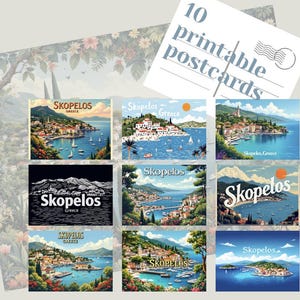10 postales vintage de viajes turísticos de Skopelos, Grecia, para imprimir, arte imprimible, papel digital, tarjetas de descarga instantánea, islas griegas