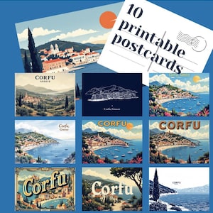 10 cartoline stampabili vintage di viaggio turistico a Corfù, Grecia, arte stampabile, carta digitale, cartoline con download immediato Isole Greche