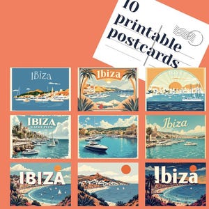 10 Vintage Tourism Travel Ibiza Spain Espana Printable Postcards, Printable Art, Digital Paper, Instant Download Cards