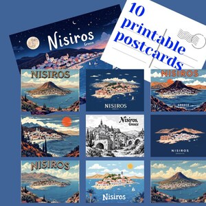 10 Vintage Tourism Travel Nisiros Greece Printable Postcards, Printable Art, Digital Paper, Instant Download Cards Greek Islands