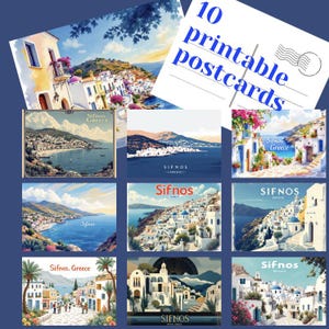 10 Vintage Tourism Travel Sifnos Greece Printable Postcards, Printable Art, Digital Paper, Instant Download Cards Greek Islands