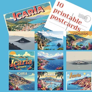 10 Vintage Tourism Travel Icaria Greece Printable Postcards, Printable Art, Digital Paper, Instant Download Cards Greek Islands