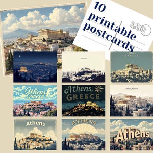 10 cartoline stampabili vintage di viaggio turistico ad Atene, Grecia, arte stampabile, carta digitale, cartoline con download immediato, isole greche