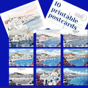 10 Vintage Tourism Travel Mykonos Greece Printable Postcards, Printable Art, Digital Paper, Instant Download Cards
