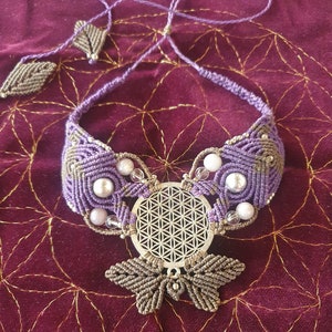 Flower of life necklace. Khaki and purple.