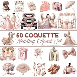 Coquette Wedding Clipart | 50 Romantic Bridal Aesthetic Graphics | Jpg Png Svg Pdf | Vintage Cupid Bows Hearts Roses Tiaras | Girly Feminine