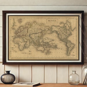 Vintage 19e-eeuwse wereldkaart, afdrukbare wereldkaart kunst aan de muur, historische woonkamer geografie, cartografie, digitaal bestand/direct downloaden