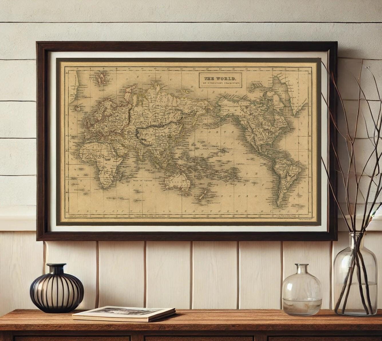 Vintage 19th Century World Map, Printable World Map Wall Art, Historical Living Room Geography, Cartography, Digital File/Instant Download