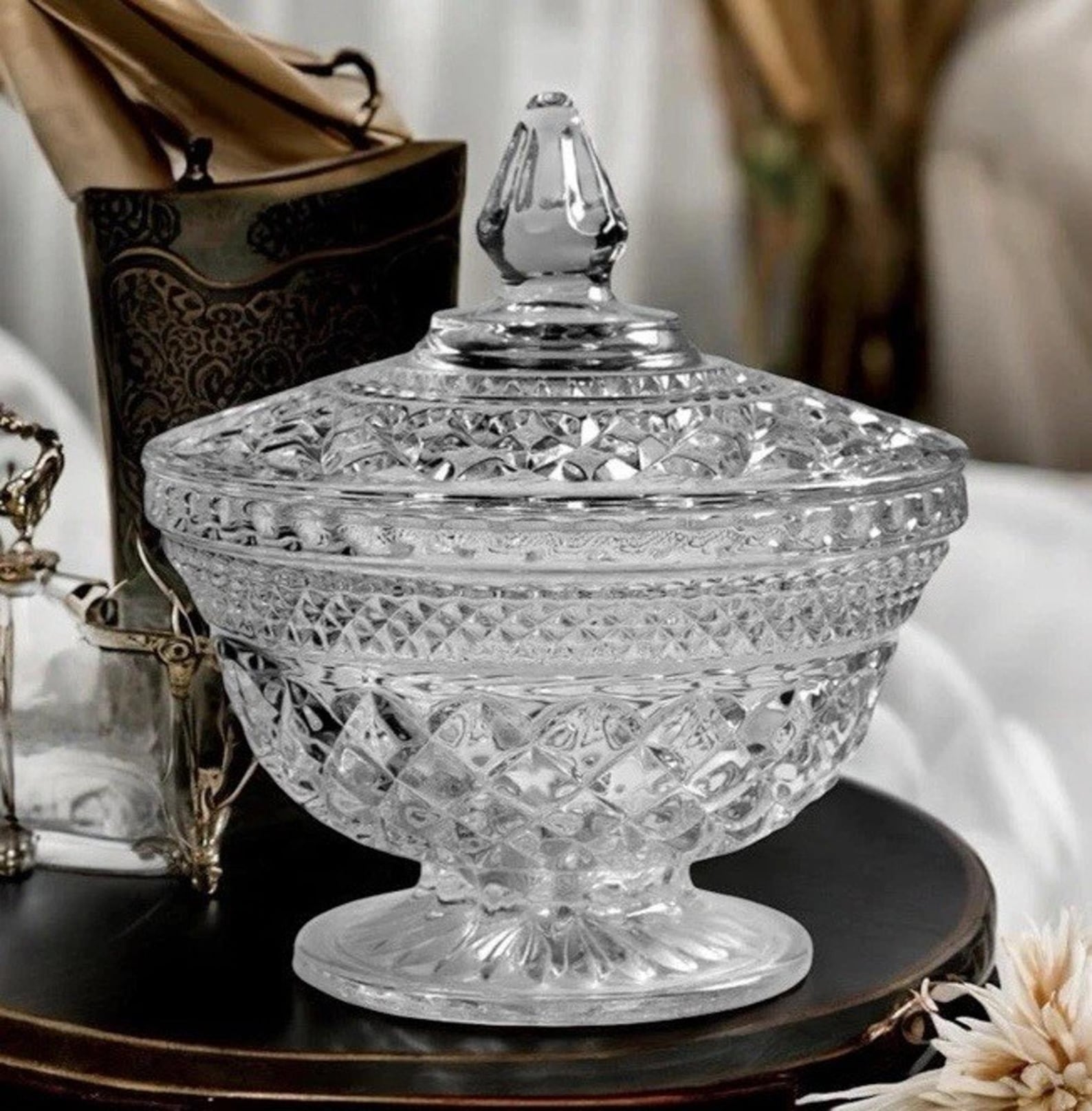 Anchor Hocking Wexford Crystal Footed Candy Dish & Lid