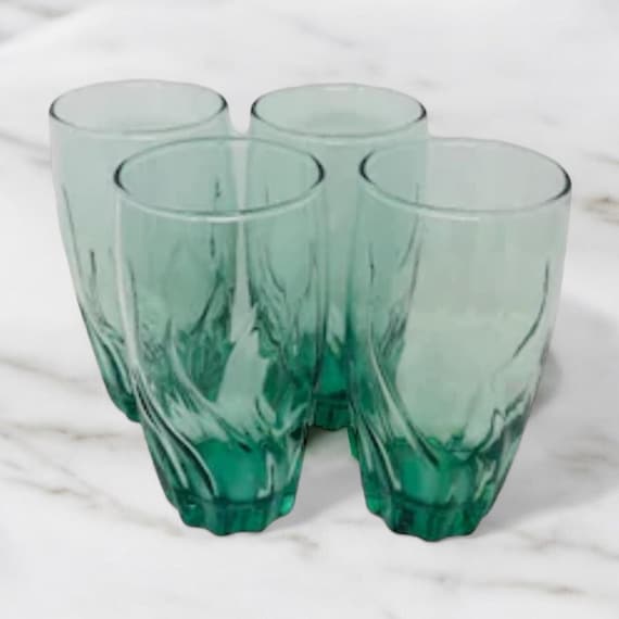 4 Vtg Anchor Hocking CENTRAL PARK Fern Green Swirl Glass 16oz Iced Tea/  Drinking