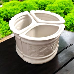 May include: A white ceramic serving dish with three compartments. The dish features a scalloped edge and a floral and grape motif around the base. The background shows blurred green foliage.