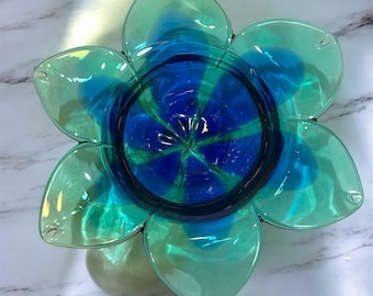 Vintage Murano Studio Art Glass Blue Green Floral Petal Votive Candle Holder