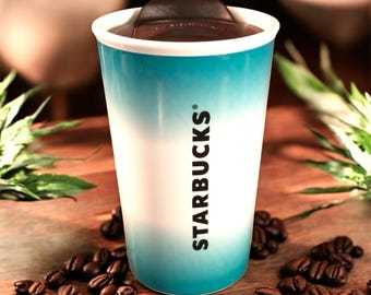 Starbucks Teal White Ombre Double Wall Ceramic Travel Tumbler W/lid 8 Oz