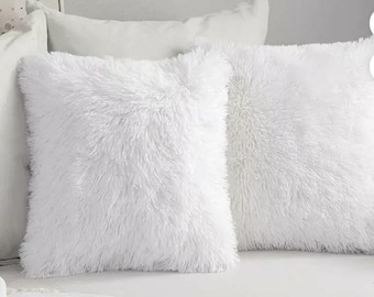 White Faux Fur Throw Pillow – Shaggy Accent Pillow, BOGO