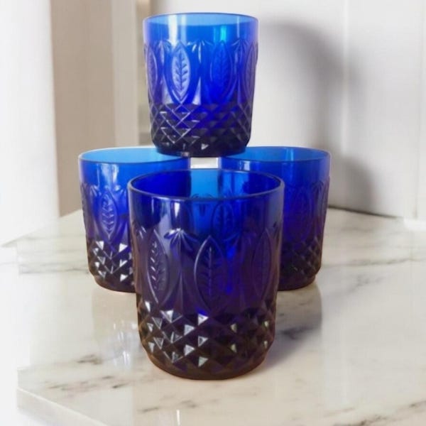 4 vasos de whisky Avon vintage Royal Sapphire Arcoroc azul cobalto de 283 ml. Fabricados en Francia.