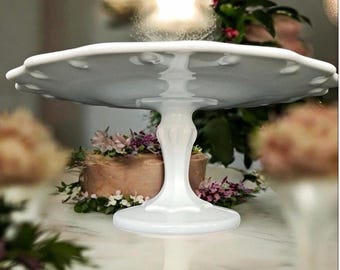 1970’s Milk Glass Pedestal Cake Stand Teardrop Scalloped Edge MCM Vtg 10.5”