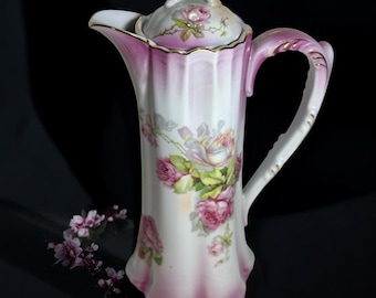 Vtg/Antique Hand Painted Nippon chocolate pot, Pink With Roses, Gold Trim-11 In