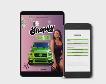 May include: A digital tablet and smartphone displaying a business-themed graphic. The tablet shows "The Shopify Planner" with a green SUV illustration and a woman. The smartphone displays a product pricing template.