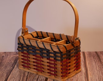 Handwoven Amish Organizer Basket w/ Handle — 10"×6"×6" (13" tall) — 6 Compartments 2.75"×2" | Red/Blue Reed | Traditional Organizer+ Decor