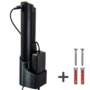 May include: A black wall-mounted charging dock holding a cylindrical battery and a rectangular power adapter with a visible red indicator light. The set includes two silver metal screws and two red plastic wall anchors for installation purposes.