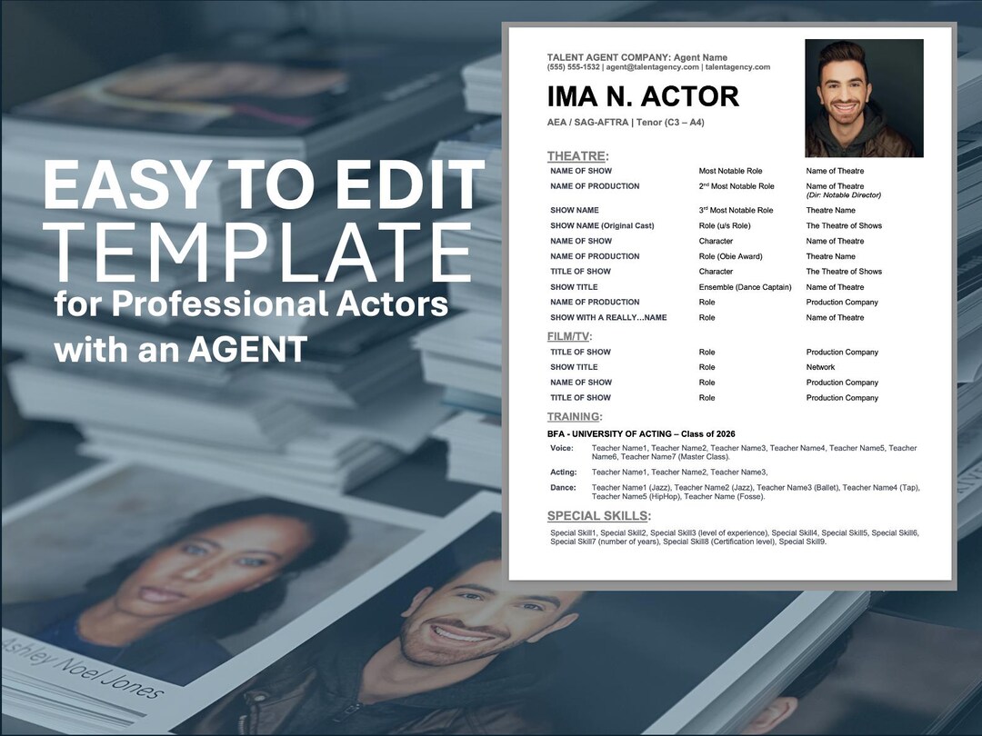 Actor Theatrical Resume Template With Agent Info - Etsy