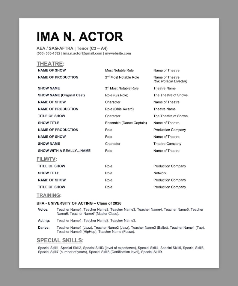 Actor Theatrical Resume Template - Etsy