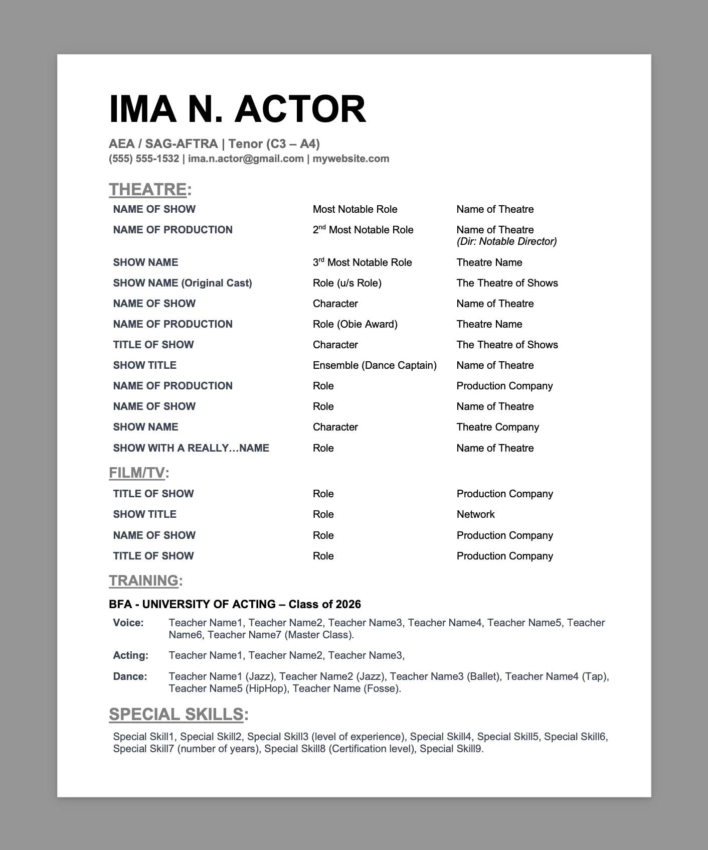 Actor Theatrical Resume Template - Etsy