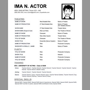 Actor Theatrical Resume Template - Etsy