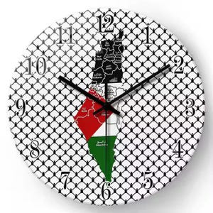May include: A white clock face with black numbers and a black and white pattern of stick figures. The clock face features a map of Palestine with the Palestinian flag colors. The clock face has Arabic text.